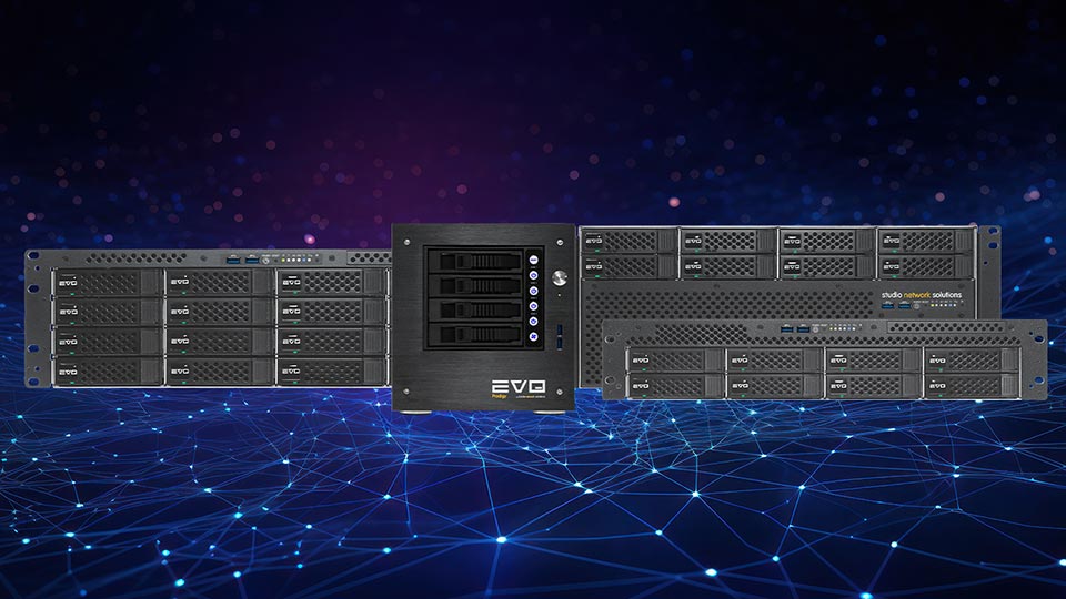 EVO Prodigy Desktop, EVO 16 Bay, EVO 8 Bay, and EVO 8 Bay Short Depth on Blue and Purple Abstract Background