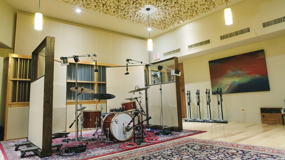 Drum set in music studio.